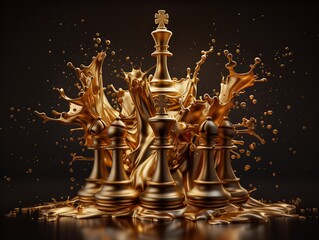 Dynamic Gold Chess Pieces with Liquid Splash in Hyperrealistic Digital Art