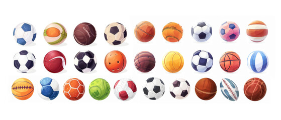 Various sports balls, cartoon style, colorful and detailed, isolated on white background