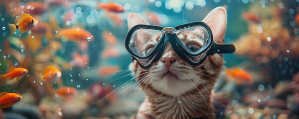 A cat in diving goggles sits near an aquarium and looks at the fish