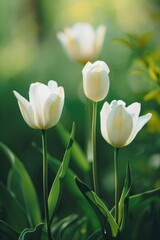 Wall Mural - Spring garden blossoms three white tulips with lush green leaves and sunlight in background