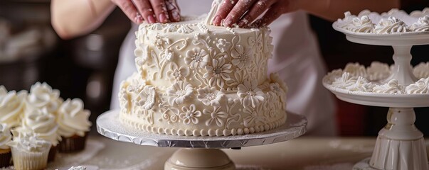 A baker decorating a cake with intricate designs inspired by vintage lace patterns, using delicate piping techniques.