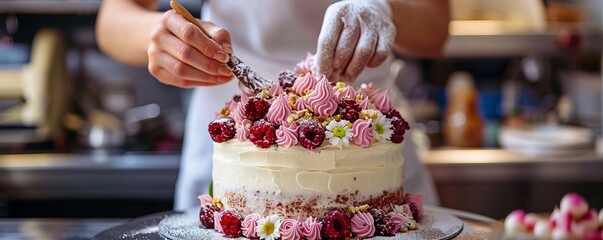 A baker decorating a birthday cake with intricate designs and edible flowers, creating a sweet masterpiece for a special celebration.