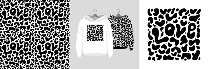 Seamless pattern and illustration set with leopard spots and lettering Love. Aesthetic design Hoodie, background for apparel, room decor, tee prints, fabric, wrapping
