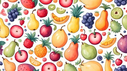 Wall Mural - A colorful fruit pattern with bananas, apples, oranges, and cherries