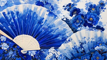 Wall Mural - A Symphony of Blue and White: Japanese Fans in Bloom