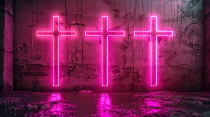 Wall Mural - Three neon pink crosses on grungy concrete wall, reflective wet floor. Futuristic and urban art concept