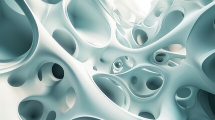 Wall Mural - abstract 3d rendered organic form with interconnected circular cavities and soft, smooth blue-gray c