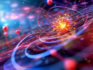 Wall Mural - abstract atomic structure with glowing red core and intertwining orbits