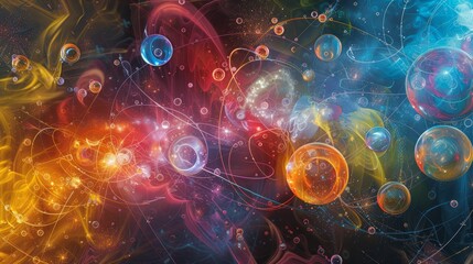 Wall Mural - abstract cosmic universe with interconnected bubbles and glowing lights, representing the intertwine