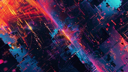 Wall Mural - abstract digital art with neon lines and geometric shapes on a dark background