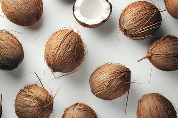 A collection of delicious coconuts isolated on a white background, showcasing their natural textures and shapes with ample copy space, captured in HD camera quality.