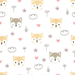 Wall Mural - Seamless pattern with cute fox. Cute face animal background. Used for textile, fabric, wallpaper, wrapping, kids apparel design. Cartoon vector illustration