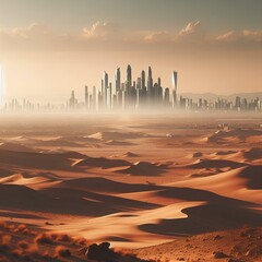 Wall Mural - dry arid desert landscape horizon featuring a vast futuristic cityscape skyline in distance.