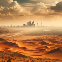 Wall Mural - dry arid desert landscape horizon featuring a vast futuristic cityscape skyline in distance.