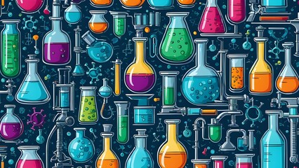 A colorful and artistic depiction of various scientific equipment and chemicals
