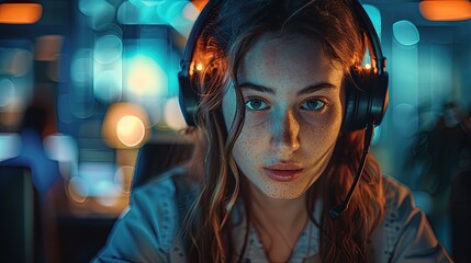 Wall Mural - A woman wearing headphones and looking at a computer screen