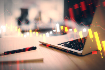 Poster - A laptop with stock market charts in a double exposure effect, concept of technology and finance on a wooden desk background