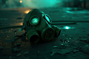 Green gas mask thrown on the ground in a dark post-apocalyptic city