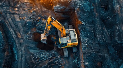 A large yellow excavator is digging into a pile of rocks