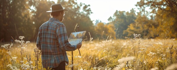 An artist painting en plein air in a sun-dappled meadow, capturing the play of light and shadow on the landscape.