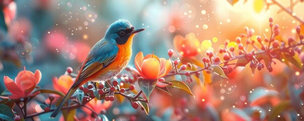 A stylized illustration of a vibrant tropical bird perched on a colorful flower, its plumage shimmering in the sunlight.