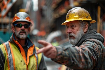 Two men wearing safety gear and hard hats are standing next to each other