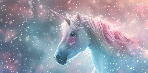 A beautiful unicorn with a pastel pink and blue background, glittering snowflakes in the air, a magical fantasy 