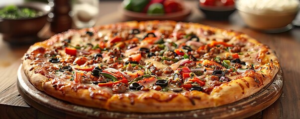 A rustic pizza topped with an abundance of fresh vegetables, its crispy crust and gooey cheese inviting a taste, representing comfort food at its finest.