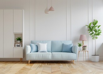 Wall Mural - living room with a light blue sofa, wooden floor and white wall background