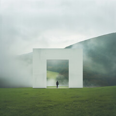 Wall Mural - A person stands in front of an empty white rectangle, surrounded by green fields and misty hills. Minimal creative nature concept.Copy space,logo,text and advertise space