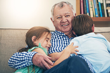 Wall Mural - Grandfather, kids and smile in home on sofa for love with bonding, support and care for child development. Family, siblings and happy with trust on couch in living room on break, relax and trust