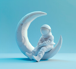 Wall Mural - A white sculpture of the moon with an astronaut sitting on it, in a minimalistic style, on a studio light blue background.