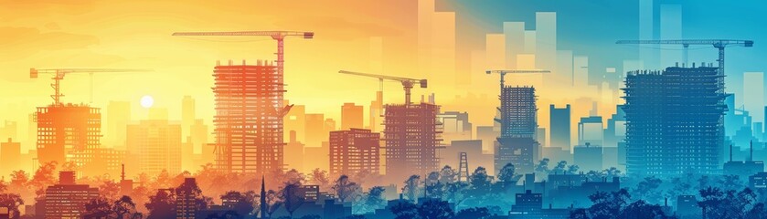 Silhouetted cityscape with cranes against a vibrant sunset and sunrise.