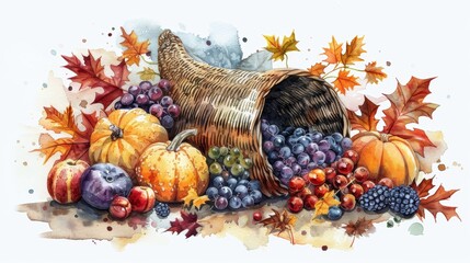 Watercolor painting of a cornucopia overflowing with autumn fruits, vegetables, and leaves.
