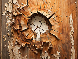  Hole breaking through wooden wall, cut out 