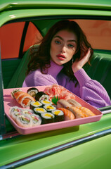 Wall Mural - An ad for sushi featuring a woman in a purple sweater emerging from a green car window, holding a pink tray filled with Japanese food.Minimal creative food advertise concept 