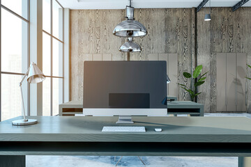 A modern office interior with a desk, computer, and decorative plants, in a realistic style against a wooden background, concept of a workplace. 3D Rendering