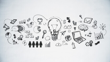 Hand-drawn business and creativity concept sketches encircling a lightbulb on a white background, symbolizing innovation and ideas