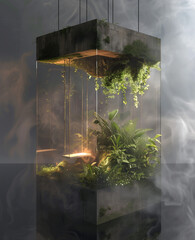 Wall Mural - A swing made of moss and plants suspended in the air, a square cube-shaped space surrounded by vegetation on top with trees and flowers.Minimal creative fun and nature concept
