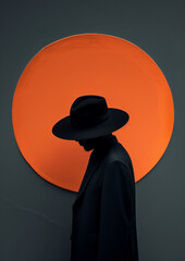 Wall Mural - A man wearing a black hat and black suit stands against a minimalist dark background with an orange circle, showcasing a color block combination.