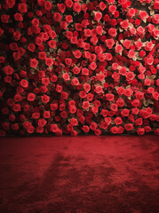 Wall Mural - wall of red roses, red carpet in front, backdrop for photoshoot.Minimal creative advertise and party concept.
