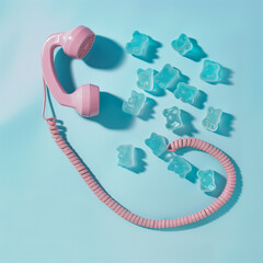 Wall Mural - A vintage pastel pink telephone handset and pastel blue gummy candies against a blue background. Minimal creative food and old-fashioned technology concept.



