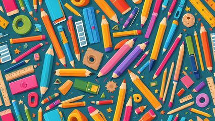 Wall Mural - A colorful pattern of pencils and other school supplies