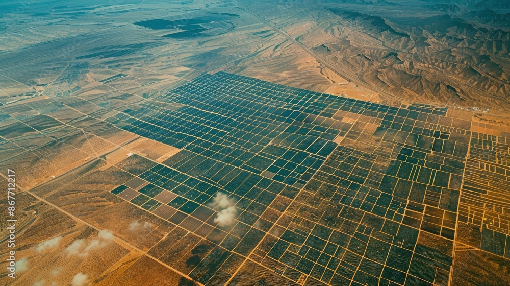 An aerial view of a large solar farm in a desert area, capturing the ...
