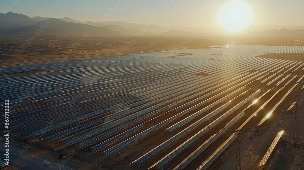 An aerial view of a large solar farm in a desert area, capturing the ...