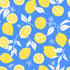 Wall Mural - Bright seamless pattern with lemons and leaves