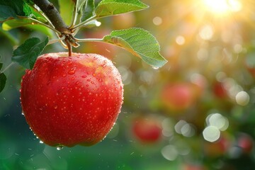 Wall Mural - Red Apple with Water Droplets Hanging from a Tree Branch