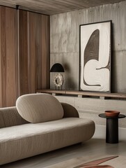 Wall Mural - Minimalist interior design showcasing a stylish sofa and abstract wall art, perfect as a decor wallpaper or background