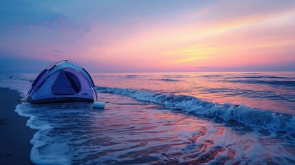 A tranquil beach campsite with a tent set up near the water's edge, waves gently lapping under a pastel sunset sky.