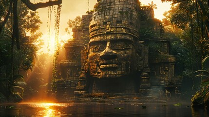 Wall Mural - sunset rainforest river landscape with an aztec temple and a stone face
